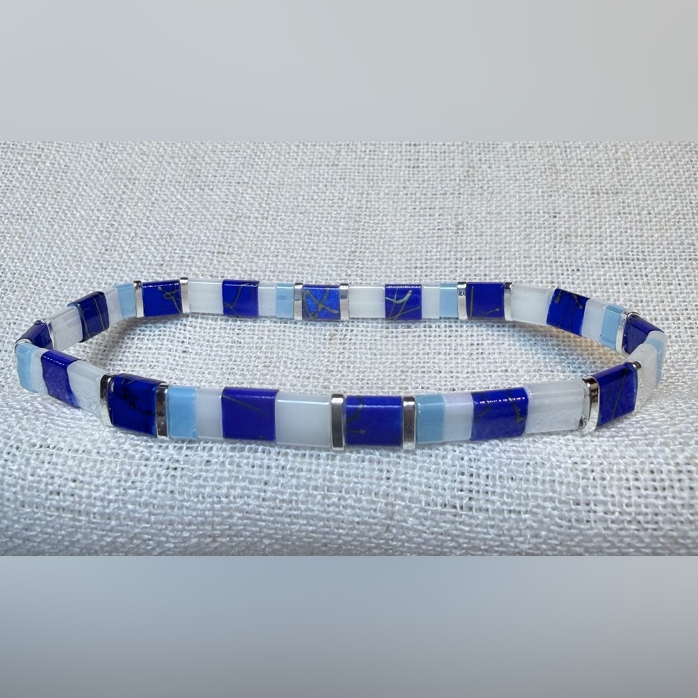 Elegant bracelet,elastic,navy blue, white,baby blue,silver Tila beads.7.25”-7.5”